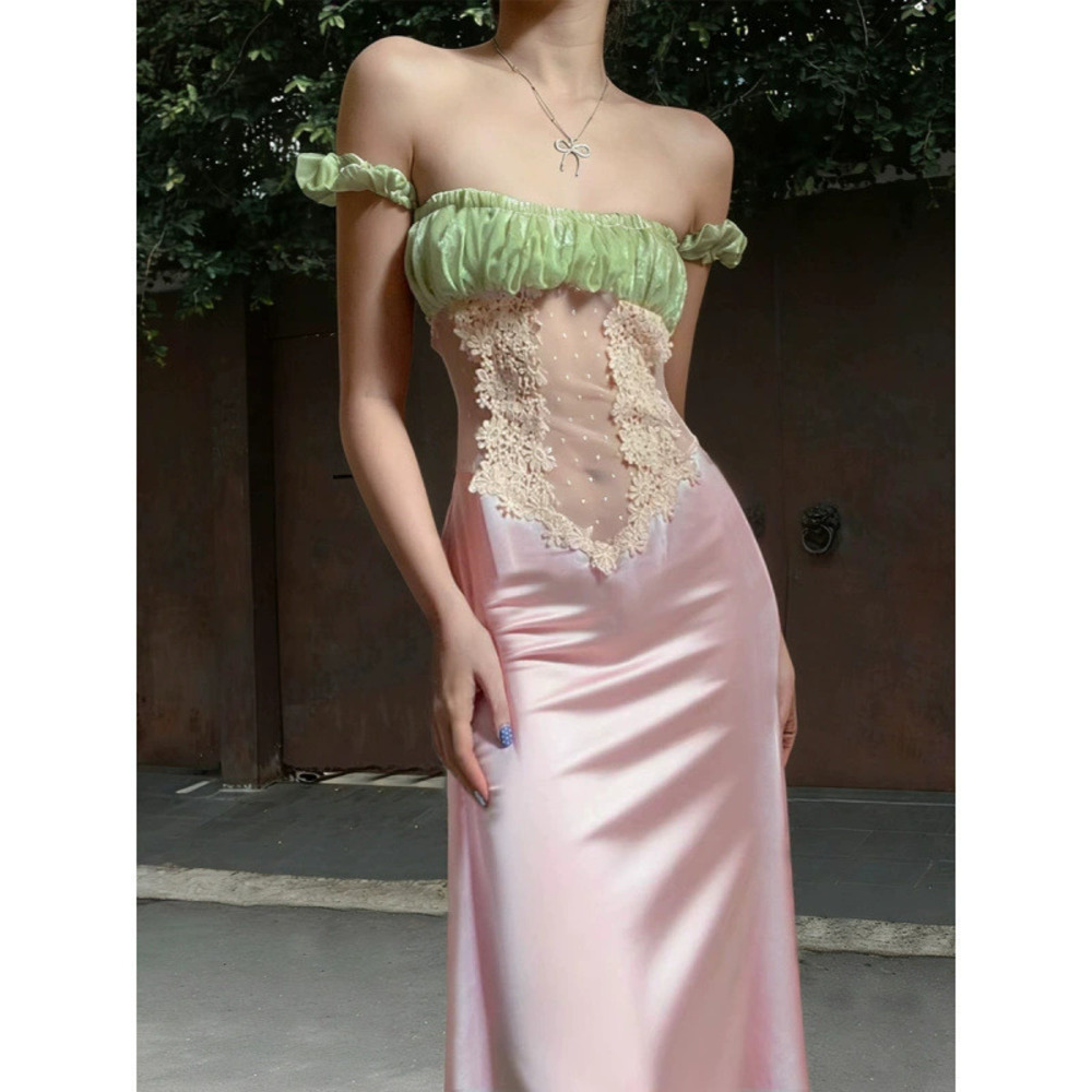 Zara Summer Slim High Waist Satin Pleated Color Block Strapless Dress